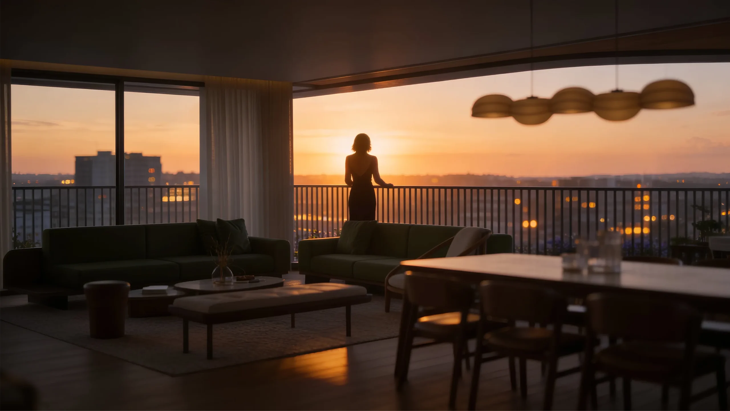 Living com vista para a cidade ao entardecer